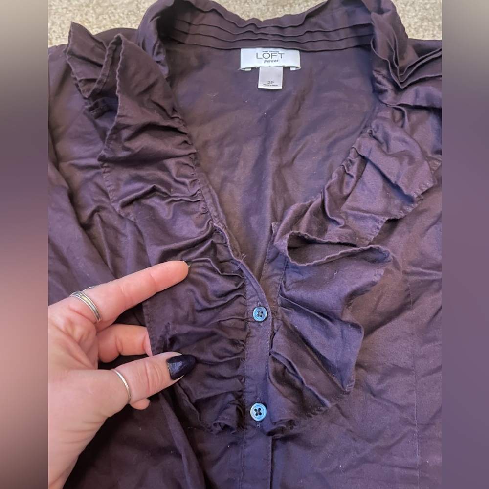 LOFT petite ruffle neck button up blouse